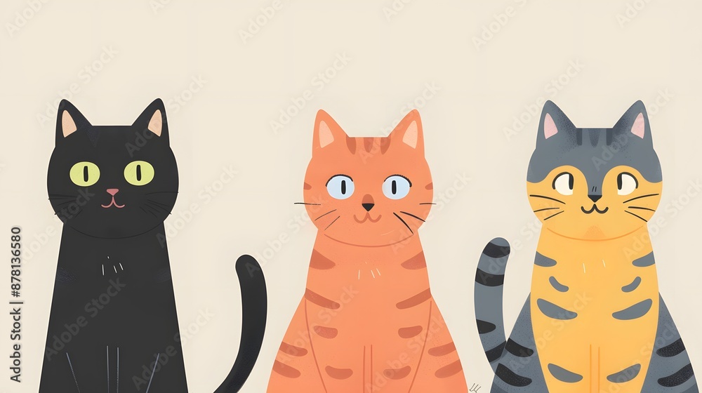 Fototapeta premium Colorful Trio of Illustrated Cats with Expressive Eyes