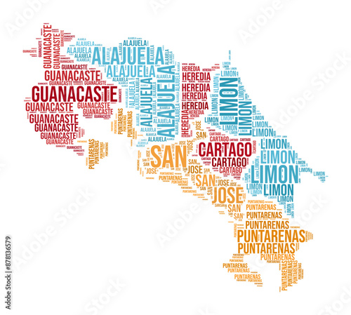 Costa Rica Word Cloud. Country shape with region division. Costa Rica typography style image. Region names tag clouds. Vector illustration.