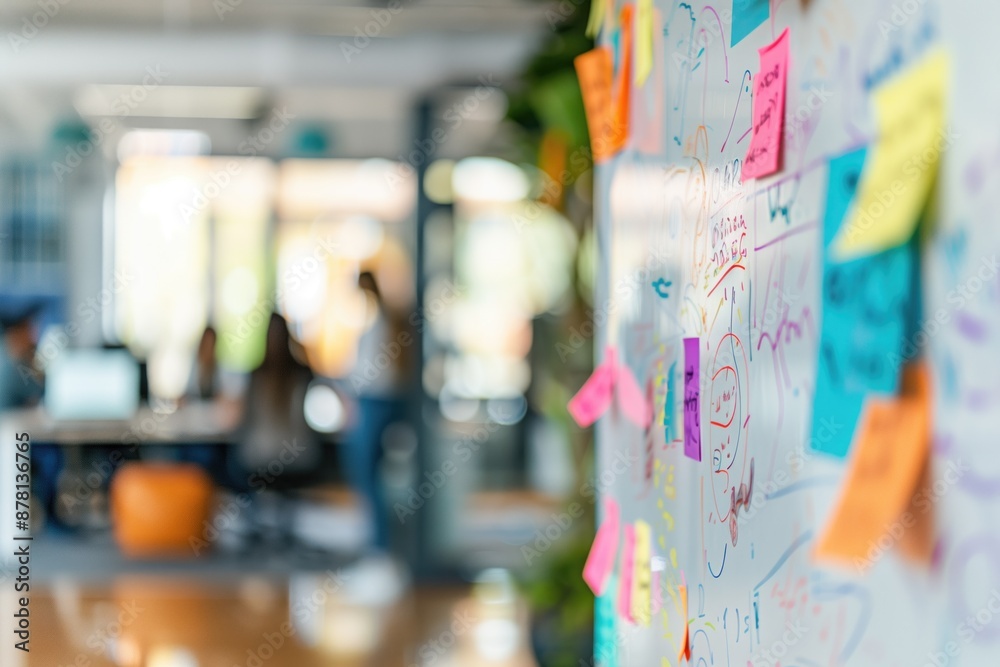 Colorful sticky notes on office whiteboard with blurred business people in background. Brainstorming, collaboration, creative ideas, team planning, project management, workplace productivity. Colorful sticky notes on office whiteboard with blurred business people in background. Brainstorming, collaboration, creative ideas, team planning, project management, workplace productivity.