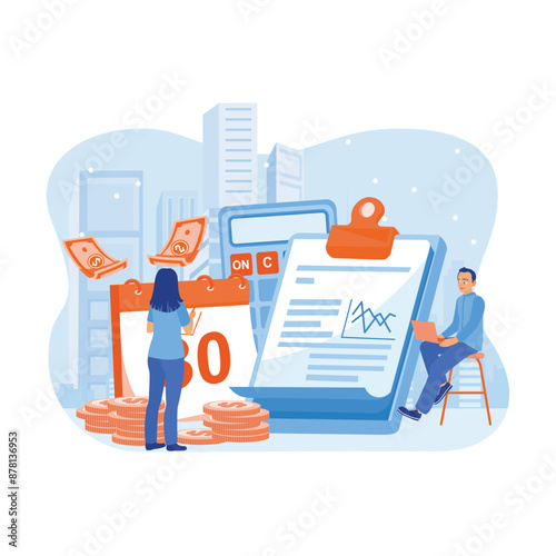 Woman writing salary on clipboard. Man calculating salary with calculator and laptop. Salary payment concept. Flat vector illustration.