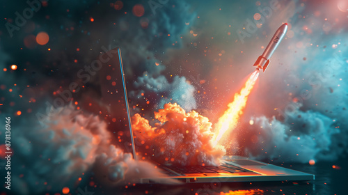 Metallic stylish with speed rocket launching from laptop pc screen