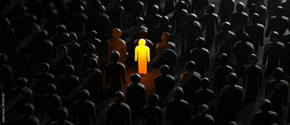 Fototapeta premium person figure through in crowd, black background with gray people figures,