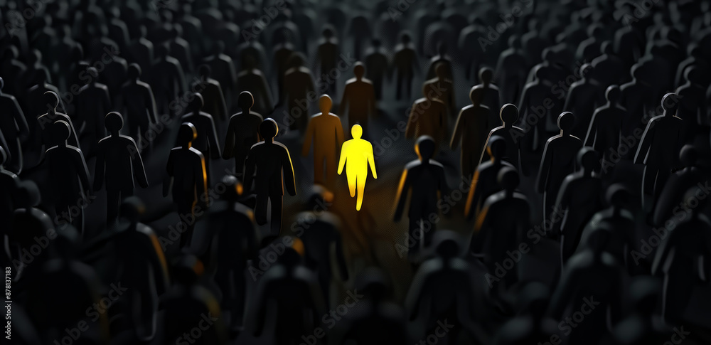 Obraz premium person figure through in crowd, black background with gray people figures,