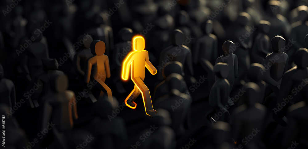 Obraz premium person figure through in crowd, black background with gray people figures,