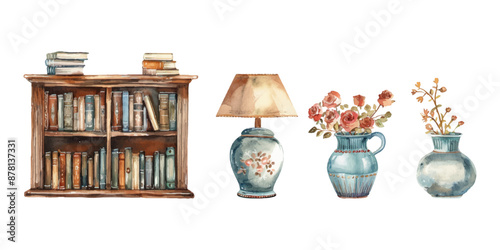 set of watercolor vintage home decor,  isolated on a white background