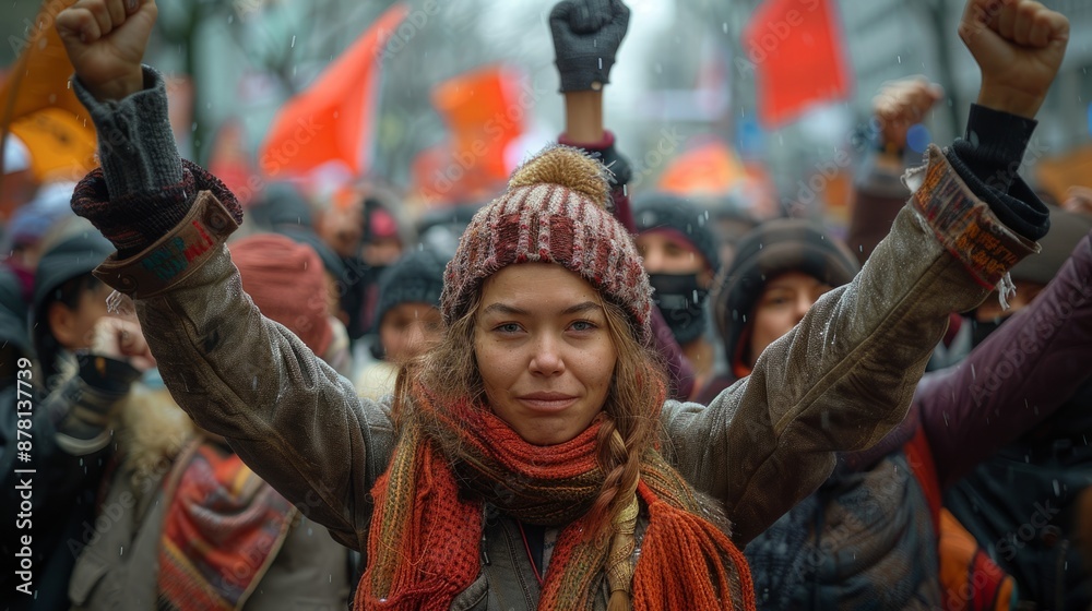 A woman with a raised fist stands amidst a crowd of protesters on a winter day A woman with a raised fist stands amidst a crowd of protesters on a winter day