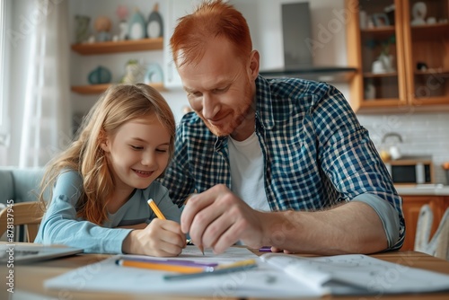 Dad and daughter are doing their homework. Young Father helping little girl with class work. Family spending time together, drawing, learning. Single father teaching child to read, write. Parents help