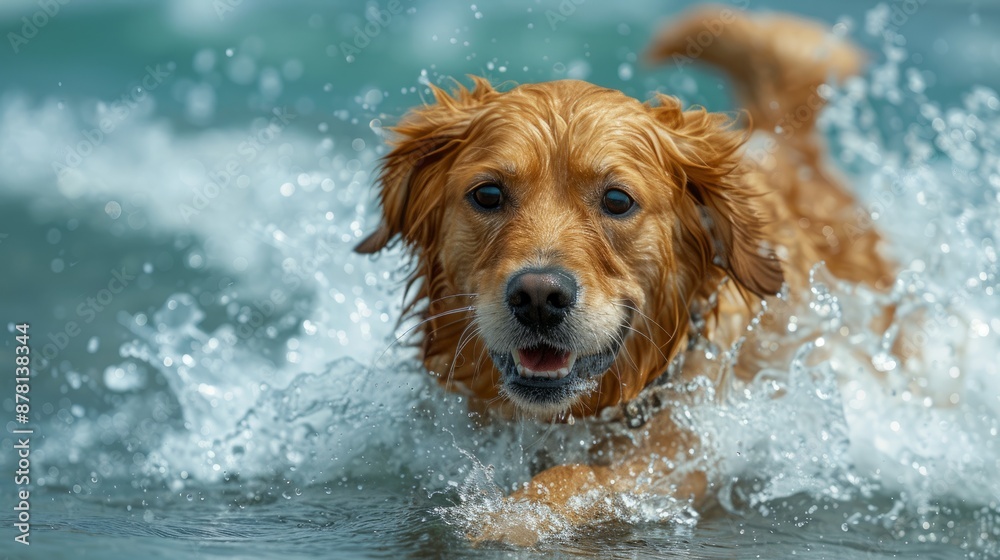 A golden retriever dog swims through ocean water with a joyful expression on its face A golden retriever dog swims through ocean water with a joyful expression on its face