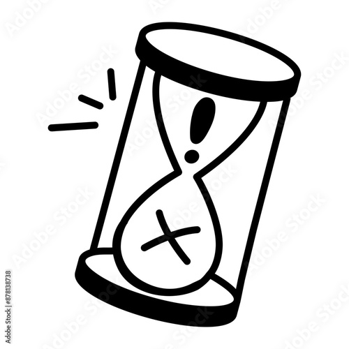 A sandglass timer with issue signs, deadline error doodle icon 