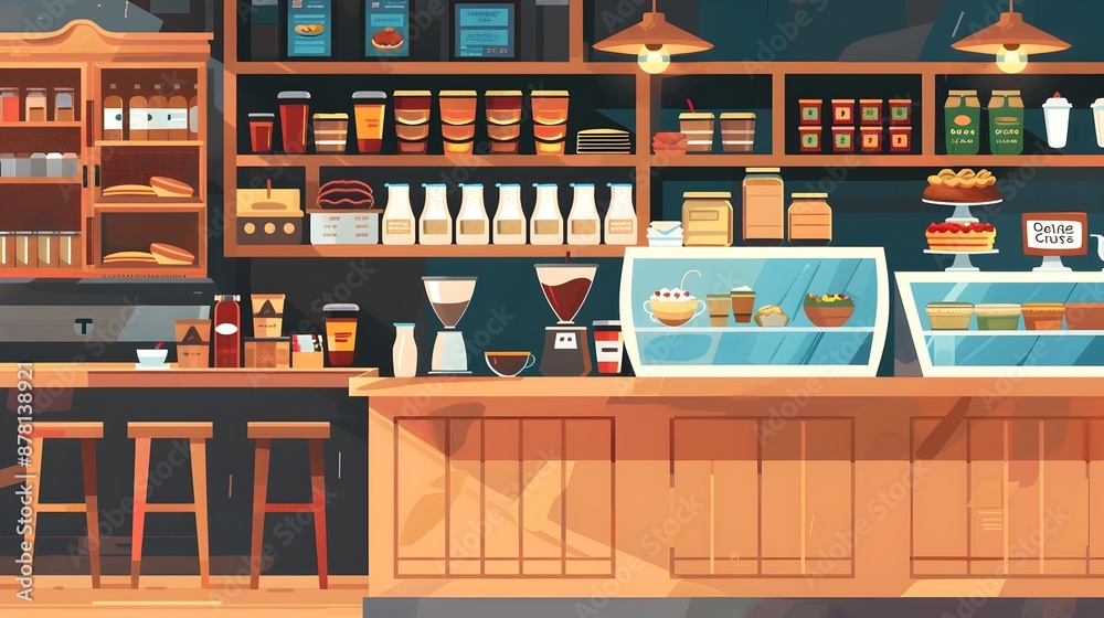 Cozy and Inviting Coffee Shop Interior with Abundant Shelving and Decor