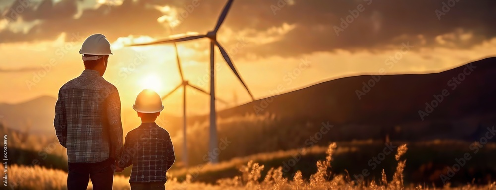 A father and son wearing hard hats standing in front of wind turbines at sunset, renewable energy and the future of sustainable engineering and bonding.