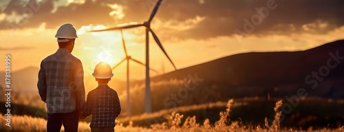 Obraz na płótnie A father and son wearing hard hats standing in front of wind turbines at sunset, renewable energy and the future of sustainable engineering and bonding. w salonie