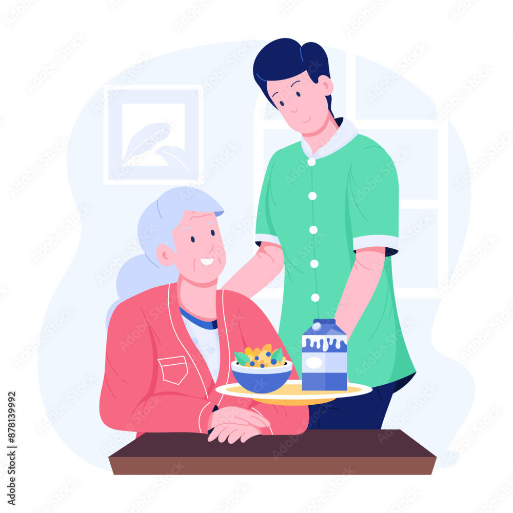 Nurse feeding food to elderly lady, flat character illustration Nurse feeding food to elderly lady, flat character illustration