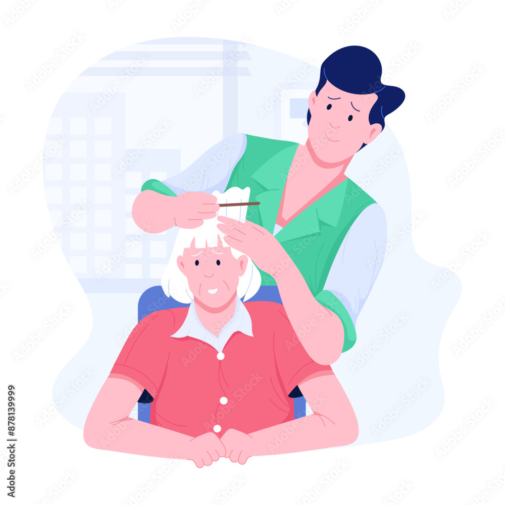 Nursing brushing hair of elderly, flat illustration Nursing brushing hair of elderly, flat illustration