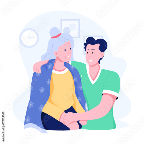 A flat character illustration of gerontology care 