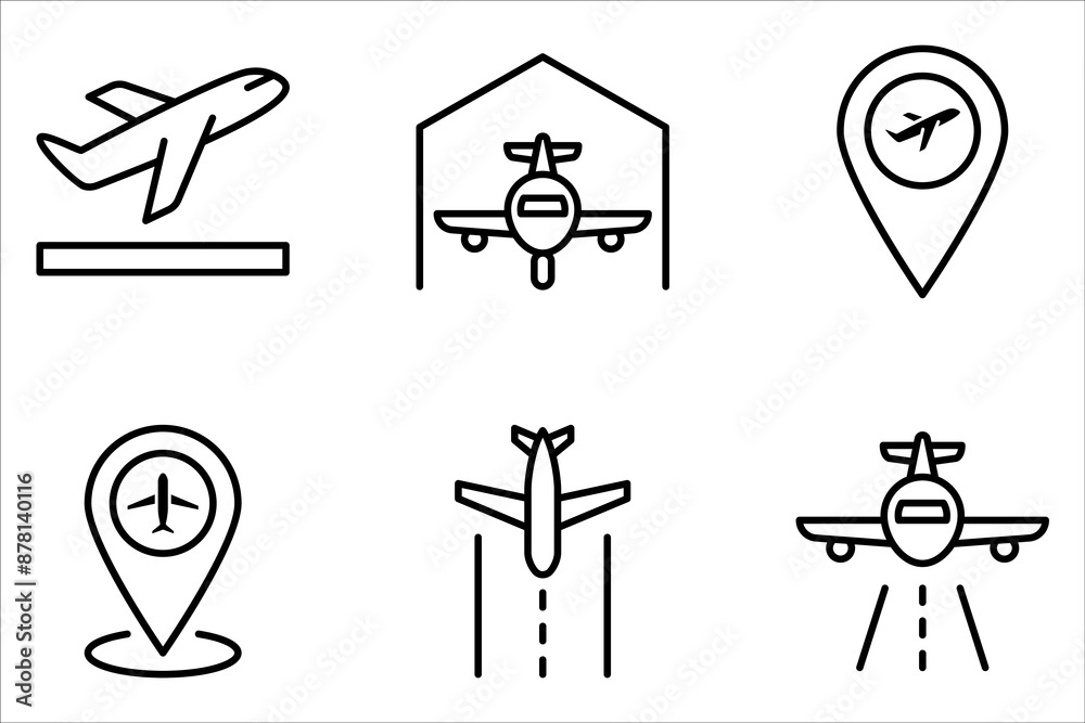 Airport icon set. Plane take off, Airport location isolated on white background. Airport icon set. Plane take off, Airport location isolated on white background.