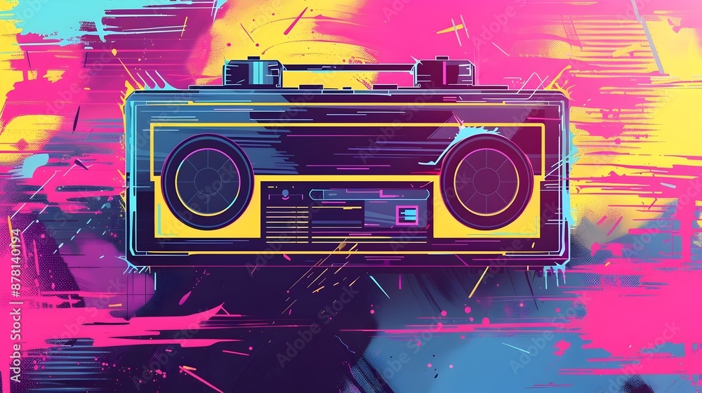 Fototapeta premium Retro Boom Box in Vibrant Neon Funk Background