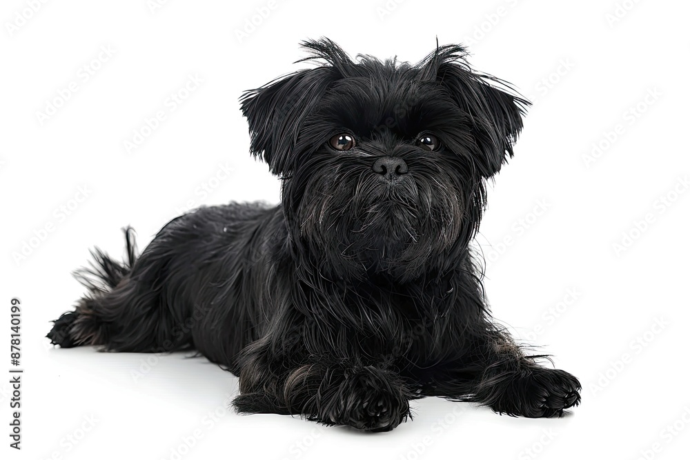 Small black dog with long hair lying down on white background Small black dog with long hair lying down on white background