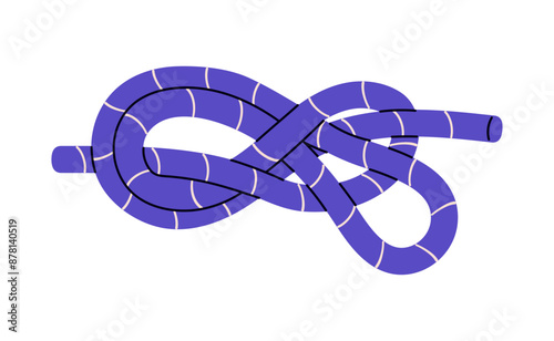 Tutorial of tying directional figure of eight knot. Marine bond, climbing node closeup. Technique of bundle of belaying cord, rope, cordage. Flat isolated vector illustration on white background