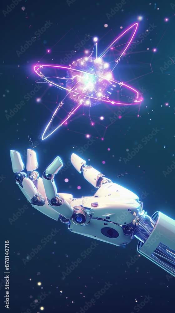 Naklejka premium A Robot Hand with Atom Particle