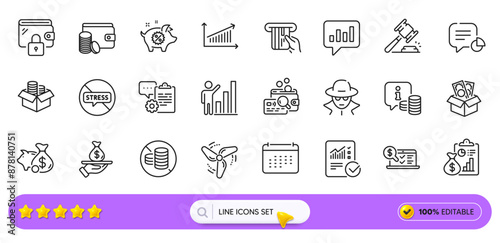 No cash, Auction hammer and Wallet line icons for web app. Pack of Checked calculation, Graph chart, Clipboard pictogram icons. Loan, Info, Stop stress signs. Calendar, Online accounting. Vector