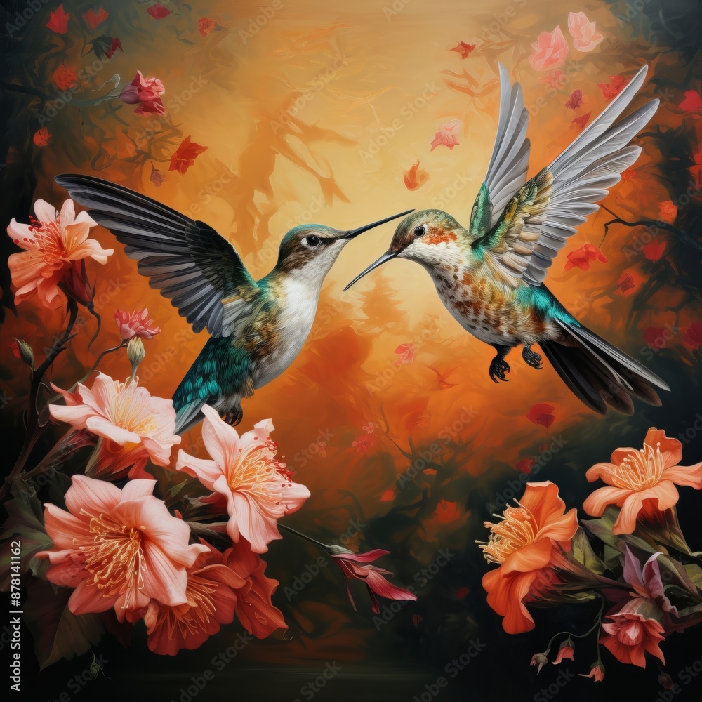Fototapeta premium Hummingbirds fly over flowers in a painting depicting natural environment , generated by AI