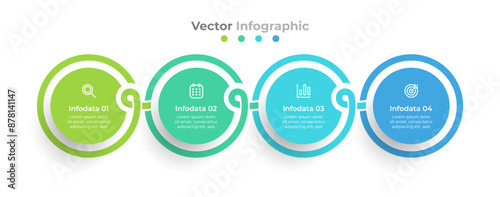 Data management concept. Business infographic elements with 4 circles, steps, and options. Timeline connected with modern lines and icons. Vector illustration.