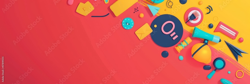 Fototapeta premium Abstract Colorful Background with Icons and Shapes - Abstract colorful background with icons and shapes. The design features vibrant colors and geometric elements, creating a modern and trendy aesthet