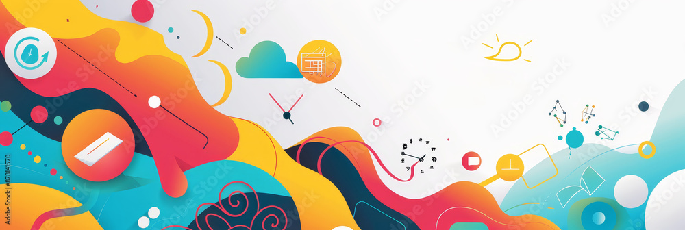 Abstract Colorful Design with Shapes and Icons - vibrant marketing wallpaper with abundant copy space, flat design, sleek and modern elements, eye-catching colors, minimalist icons, professional and c Abstract Colorful Design with Shapes and Icons - vibrant marketing wallpaper with abundant copy space, flat design, sleek and modern elements, eye-catching colors, minimalist icons, professional and c