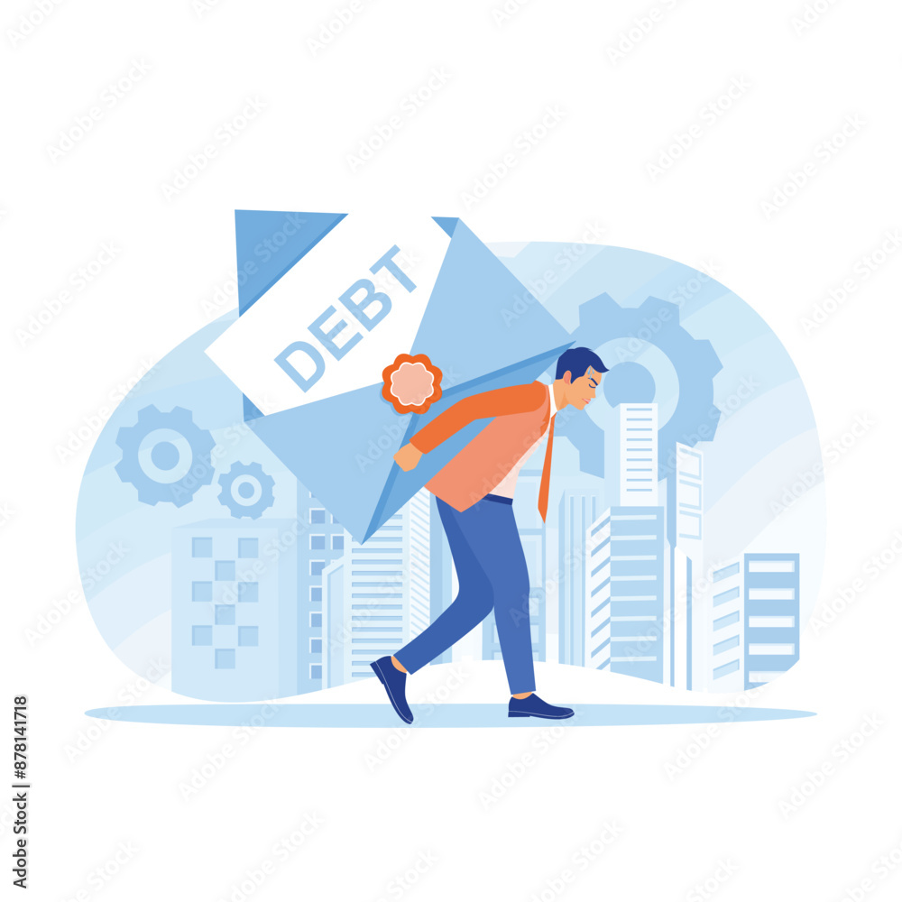 Businessman with a load of debt on his back. Man walking on an urban street. Debt burden concept. Flat vector illustration. Businessman with a load of debt on his back. Man walking on an urban street. Debt burden concept. Flat vector illustration.