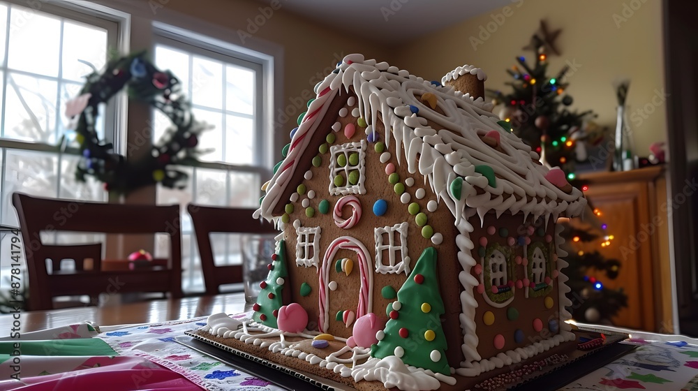 Fototapeta premium Decorated Gingerbread House with Christmas Decorations in Background