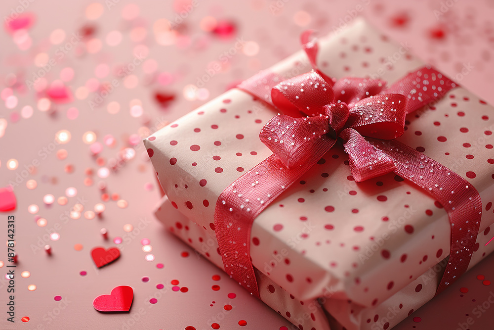 Pink gift box wrapped red ribbon bow with red
