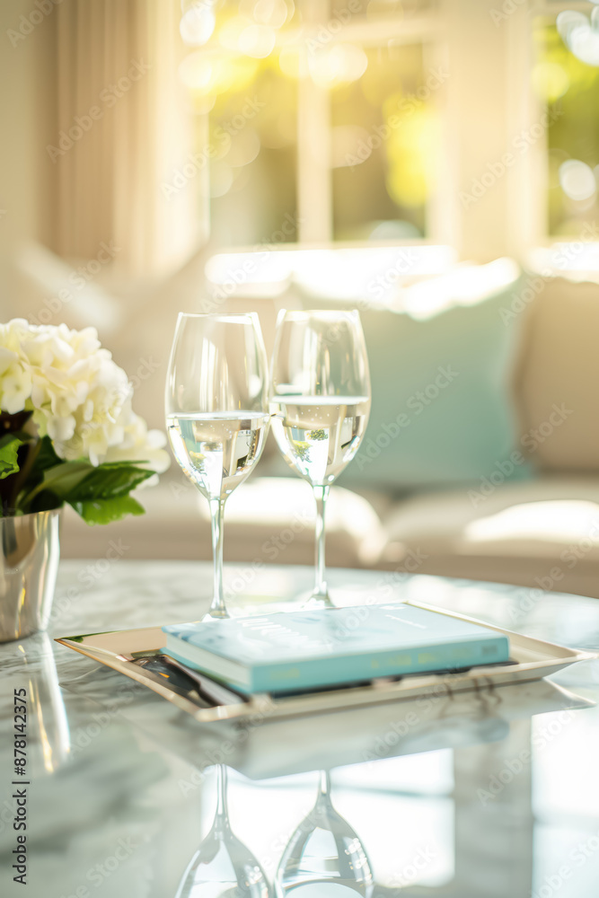Two wine glasses are on a table next to a book