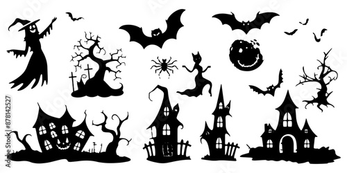 Vector collection of black silhouette halloween elements on white background