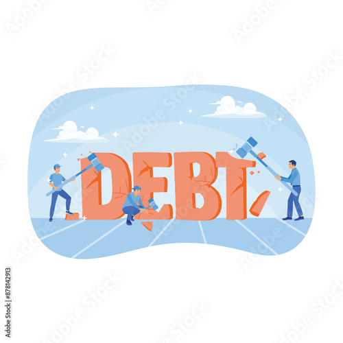 A group of people destroy debt writing with hammers. People settle debts that must be paid. Breaking debt concept. Flat vector illustration.