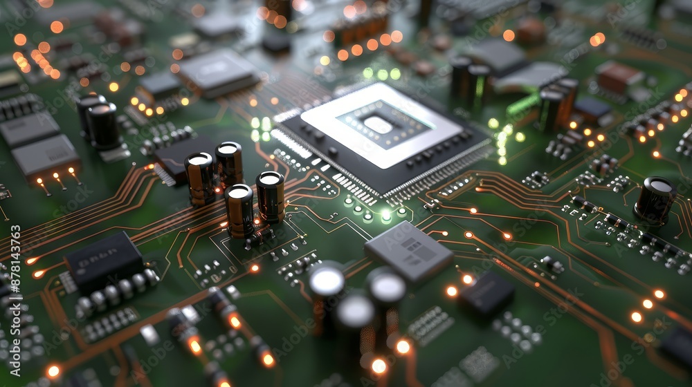 Obraz premium Circuit Board with Microchip and Electronic Components - A close-up shot of a circuit board with a microchip, electronic components, and glowing lights. The image showcases the complexity and intricat