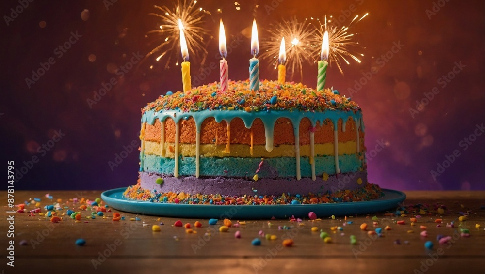 Obraz premium Colorful, tasty, birthday cake with 5 lit, sparkling candles and lots of colorful, edible decorations