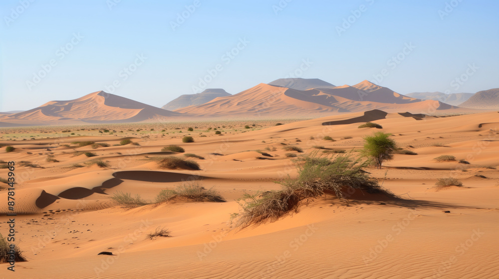 Arid landscape with sand dunes and sparse shrubs Arid landscape with sand dunes and sparse shrubs