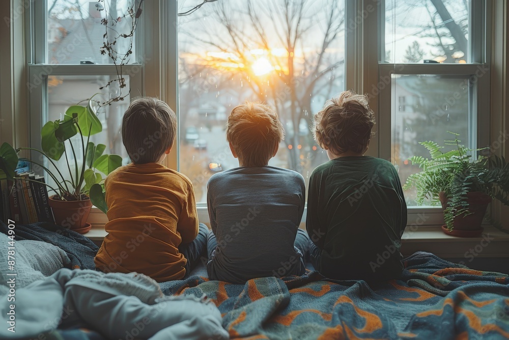 Three children sit on a bed, facing a large window, watching the sunset. The scene is cozy, depicting a moment of wonder and reflection enhanced by the warm light. Three children sit on a bed, facing a large window, watching the sunset. The scene is cozy, depicting a moment of wonder and reflection enhanced by the warm light.