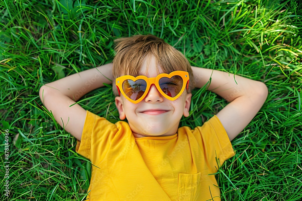 Happy stylish child lying on spring green grass. 4-5 years old boy lying back on perfect lawn top view. Kid wearing yellow t-shirt, red heart shaped sunglasses outdoors in a backyard. Summer activity Happy stylish child lying on spring green grass. 4-5 years old boy lying back on perfect lawn top view. Kid wearing yellow t-shirt, red heart shaped sunglasses outdoors in a backyard. Summer activity