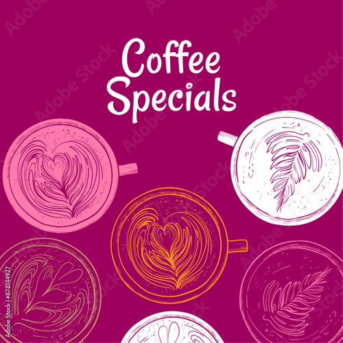 Coffee specials square visual with vector hand drawn top view of coffee. Flat design with pink colored flowers in foam coffee mug. Line art flowers on a coffee cream top view. 