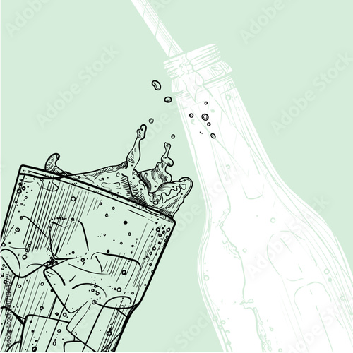 Square visual with hand drawn vector drinks on a lime green background. Line art sparkling soda with ice cubes glass and flat white fill of a soda bottle with a straw. Cold beverages.