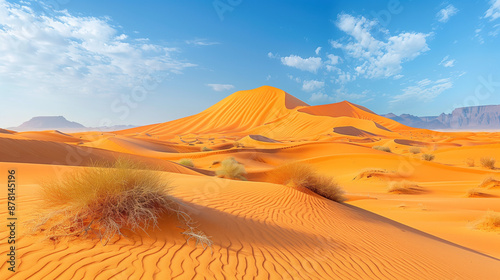 Sand dunes in the desert under a bright blue sky