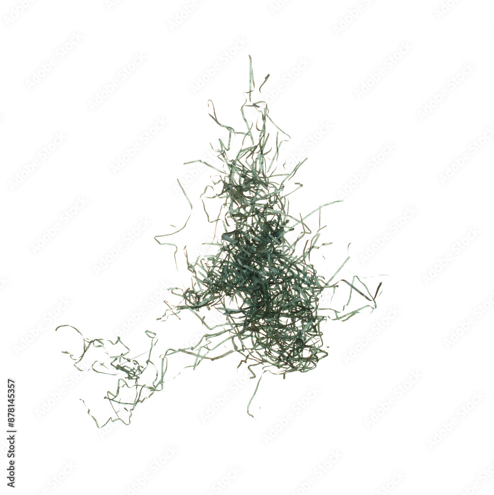 Naklejka premium Green Confetti trash paper fall splashing in air. Dark Confetti cut paper explosion flying, abstract cloud fly. Many Party glitter scatter in many group. White background isolated