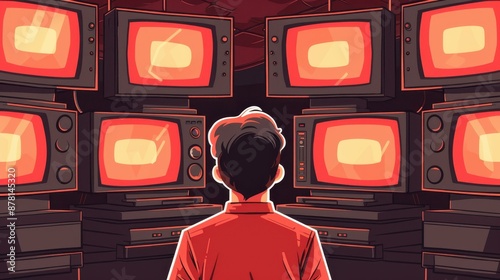 Dark background with man glued to the TV, symbolizing addiction to propaganda and fake news.