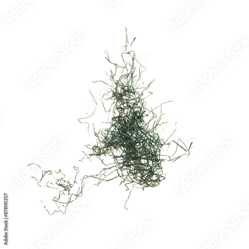 Green Confetti trash paper fall splashing in air. Dark Confetti cut paper explosion flying, abstract cloud fly. Many Party glitter scatter in many group. White background isolated