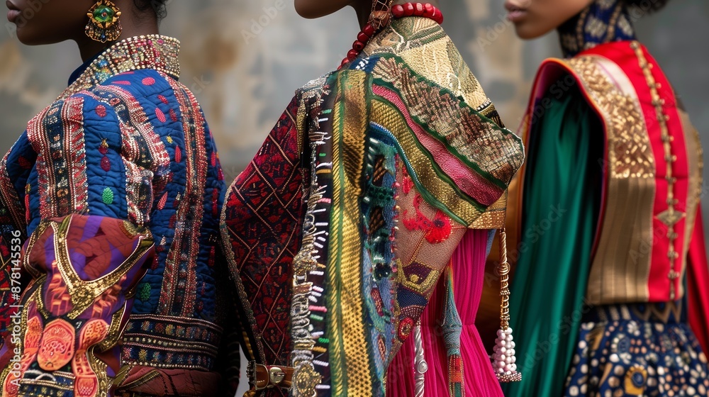 Fototapeta premium Ethnic fabrics add unique, vibrant cultural patterns to modern fashion, creating diverse, rich styles.