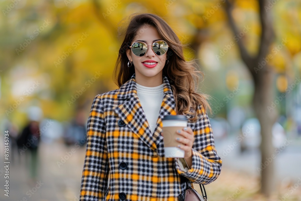 On a Crisp Autumn Day, a Stylish Woman in a Checkered Coat Savors a Hot Coffee, Enjoying the Seasonal Transition On a Crisp Autumn Day, a Stylish Woman in a Checkered Coat Savors a Hot Coffee, Enjoying the Seasonal Transition
