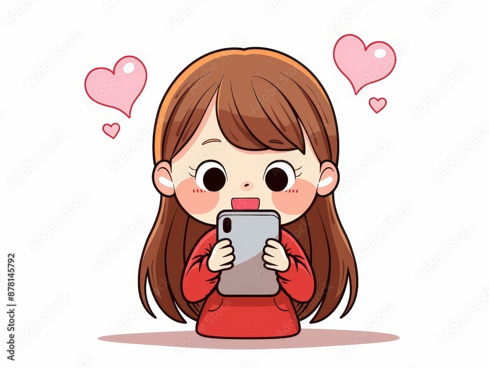 Adorable manga chibi of a happy girl engrossed in her smartphone kawaii illustration. Adorable manga chibi of a happy girl engrossed in her smartphone kawaii illustration.