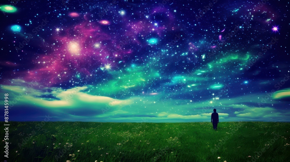 Naklejka premium Enchanting image of man gazing at glowing nebula in wheat field under night sky.